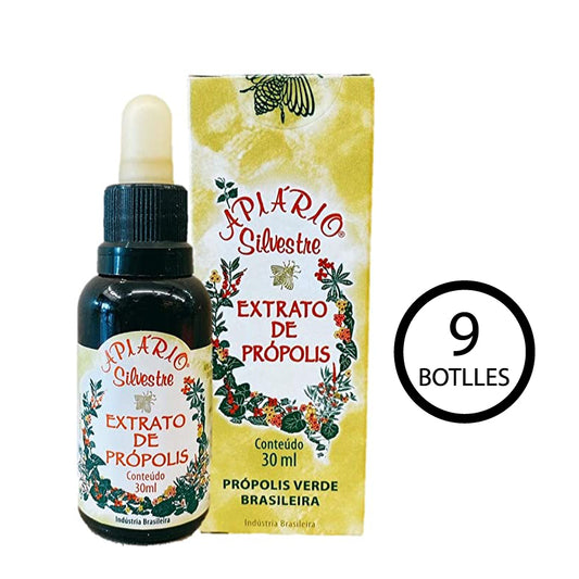 Apiário Silvestre Brazilian Green Bee Propolis Liquid - Cereal Alcoholic Extract 30 mL - (9 Bottles)